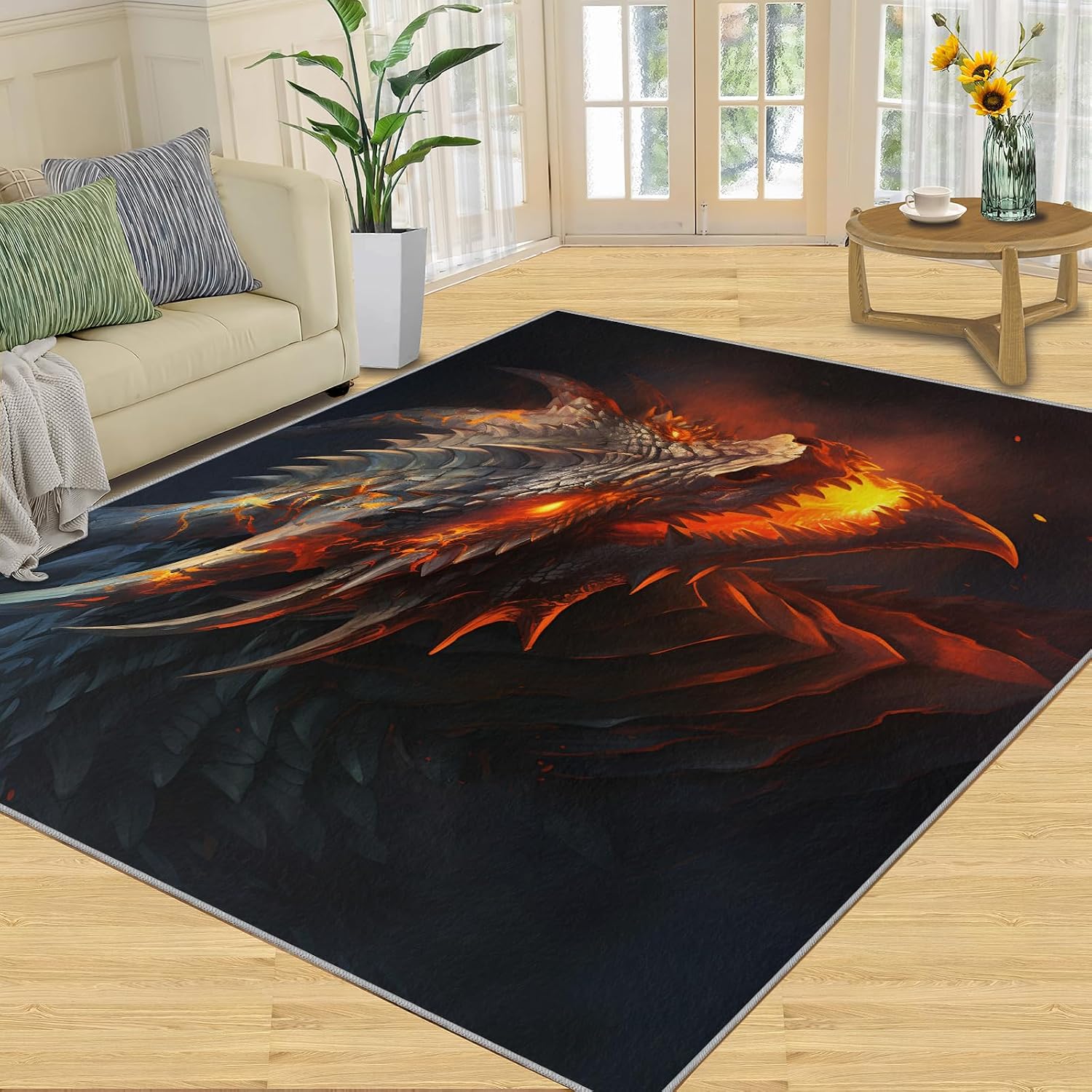Area Rug 6x8ft, Flame Dragon Rugs for Living Room, Boy Likes Fashion Bedroom Rugs, Ultra Soft Non-Slip Short Pile Carpet for Kids Room Under Kitchen Table Office Bedside