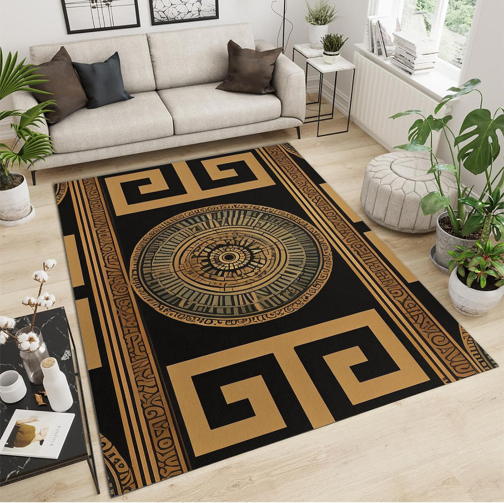 Retro Black Gold Greek Key Area Rugs, 3D Geometric Print Carpet, Indoor Non-Slip Kids Rugs, Machine Washable Breathable Durable Carpet for Front Entrance Floor Decor,6 x 8ft, Style-12