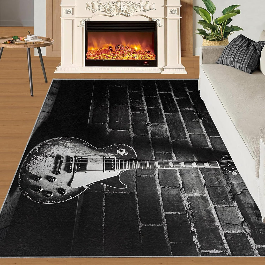 Guitar Rug, Music Rugs for Bedroom 6x9 Rug, Vintage Guitar Area Rug, Rugs for Living Room, Non Slip Washable Carpet for Kids Room Home Decor