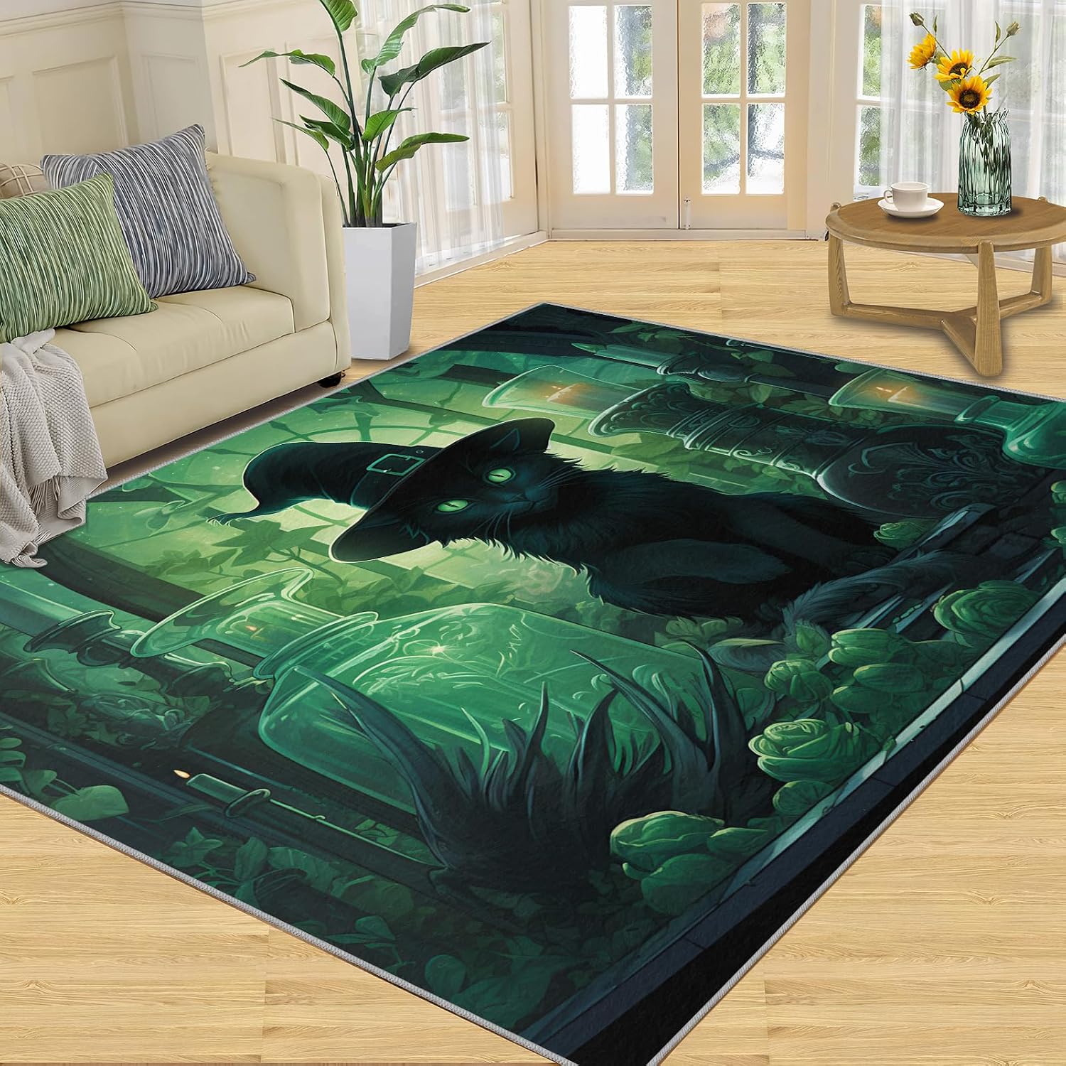 Black Cat in The Forest Rug for Kids Room - 6x8 Large Rug, Magic Witch Cat Rugs for Bedroom Fantasy Forest Area Rugs for Living Room Home Decor Washable Rug