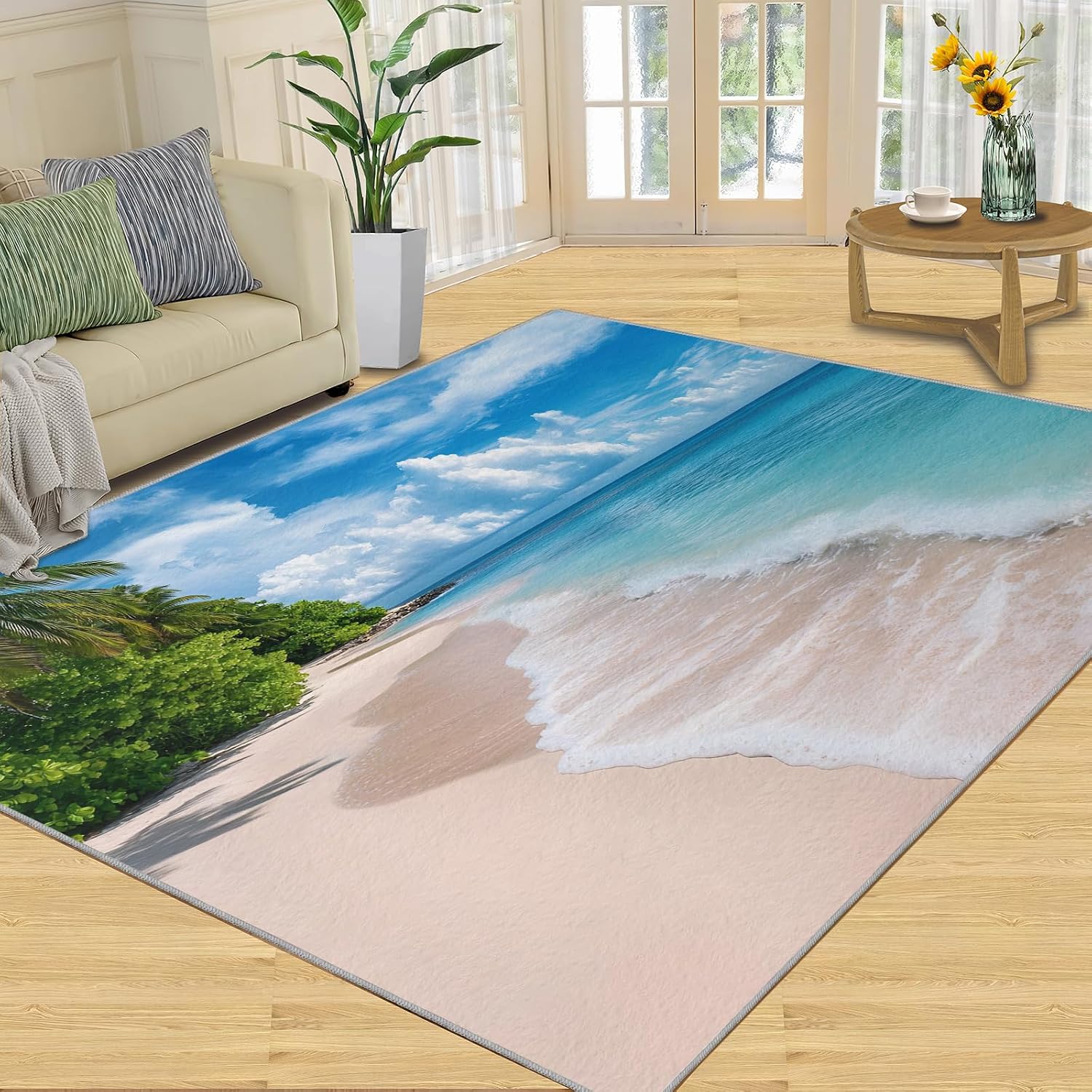 Coastal Area Rug 6x8 - Beach Scenery Large Rugs for Living Room, Sandy Beach Landscape Carpet Area Rug for Girls Bedroom Kids Room Basement Office Classroom