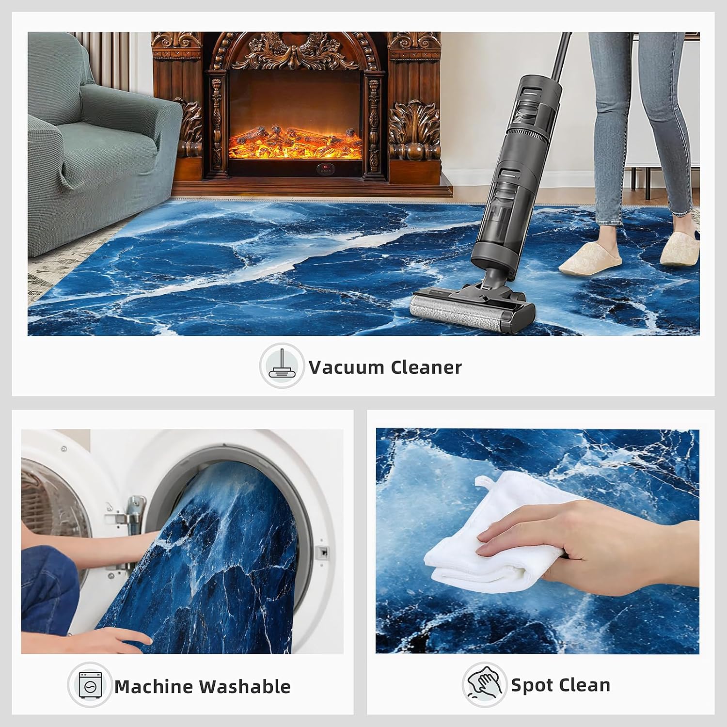 Blue Marble Rug 6x8, Marble Rugs for Bedroom, Cracked Agate Area Rug, Home Decor Rugs for Living Room, Non-Slip Machine Washable Carpet