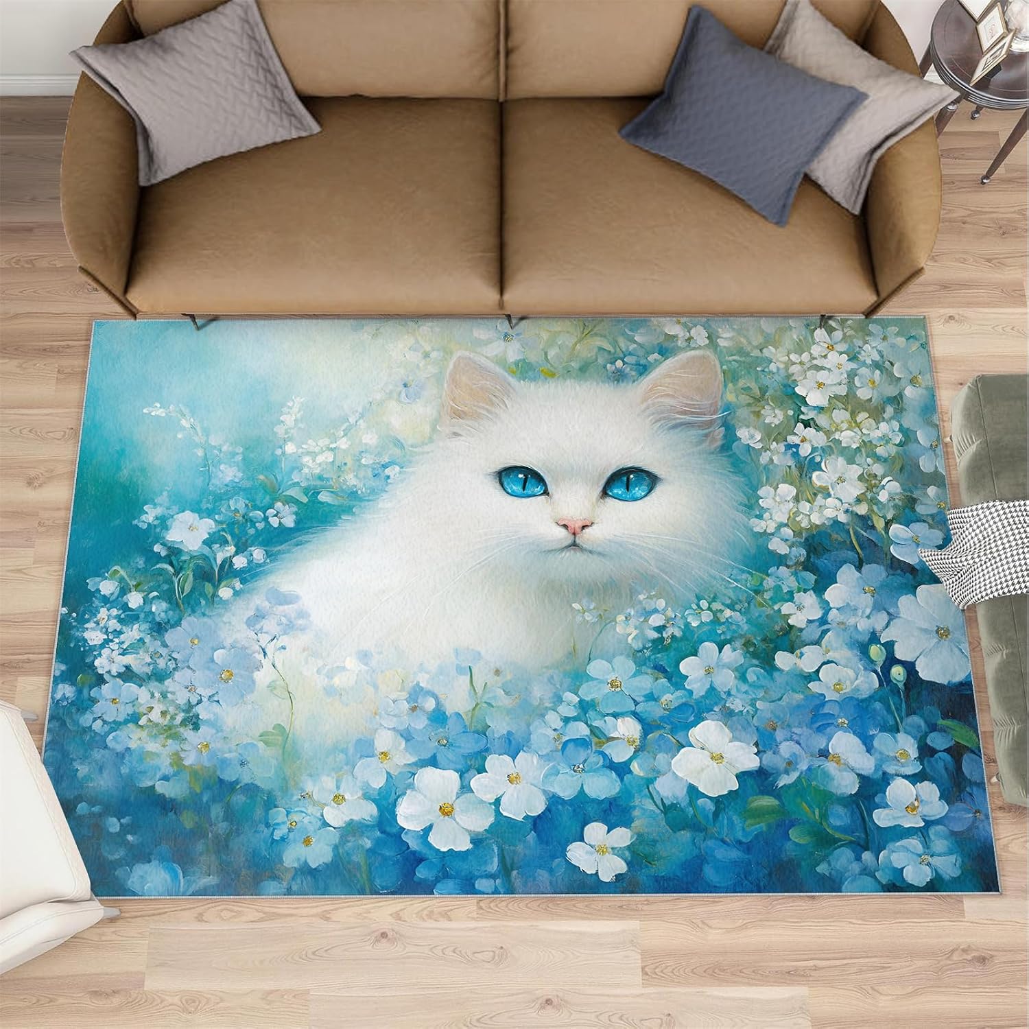 Cat Rugs for Bedroom, Florals Rug 6x8, Flowers Dining Room Rugs Washable & Non Slip Large Carpet for Home Decor