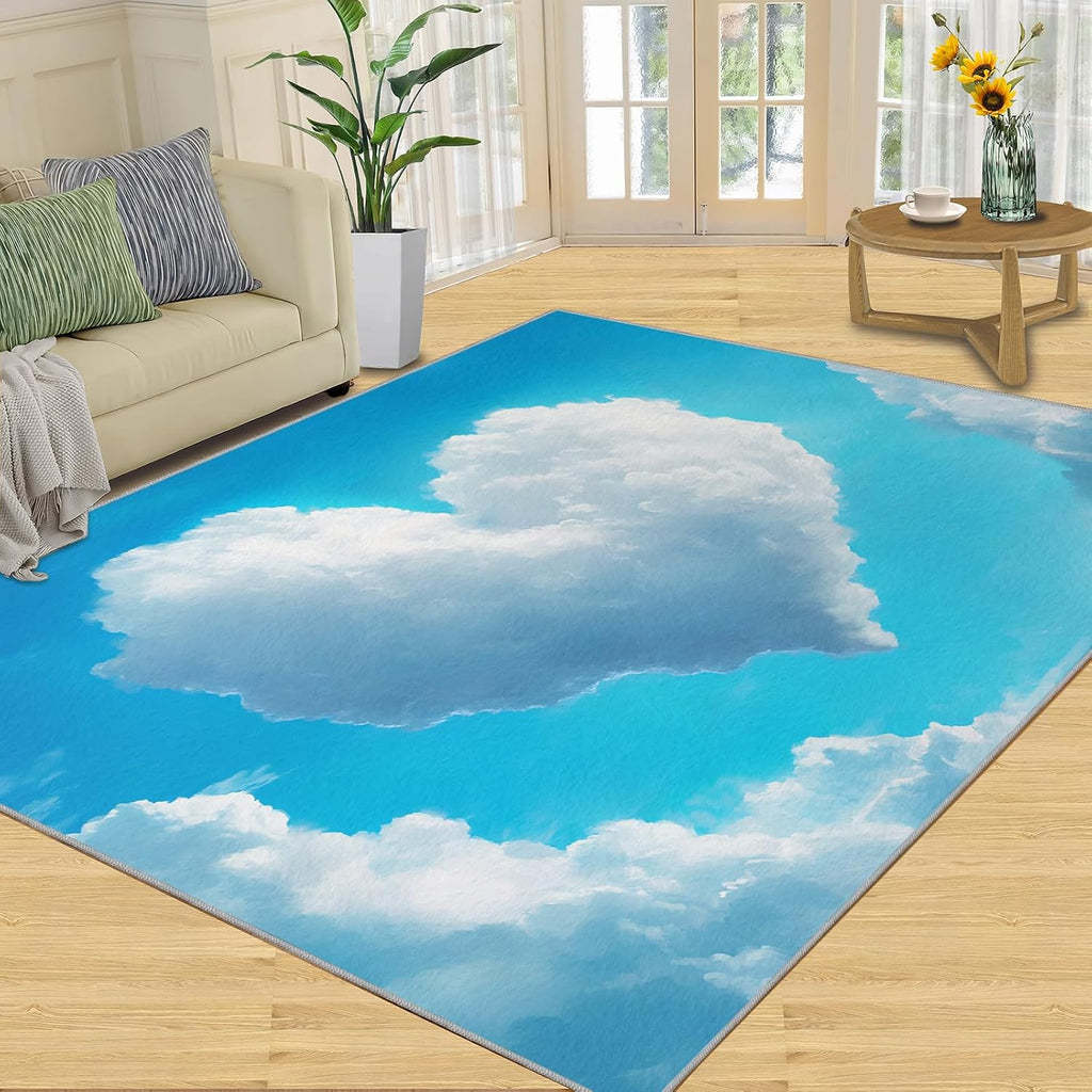 Blue Sky Rugs for Bedroom, Heart-Shaped Clouds Rug 6x8, Romantic White Clouds Dining Room Rugs Washable & Non Slip Large Carpet for Home Decor