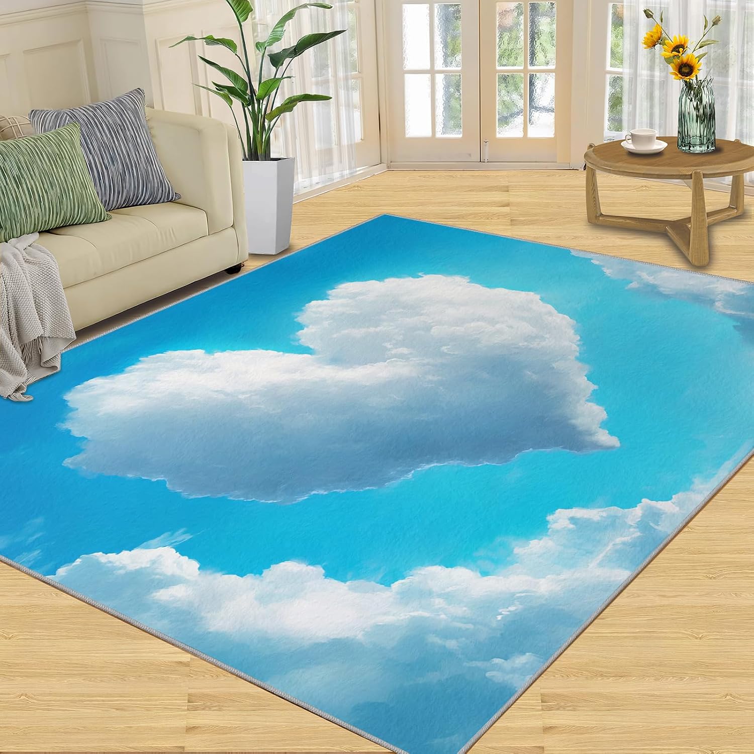 Blue Sky Rugs for Bedroom, Heart-Shaped Clouds Rug 6x8, Romantic White Clouds Dining Room Rugs Washable & Non Slip Large Carpet for Home Decor
