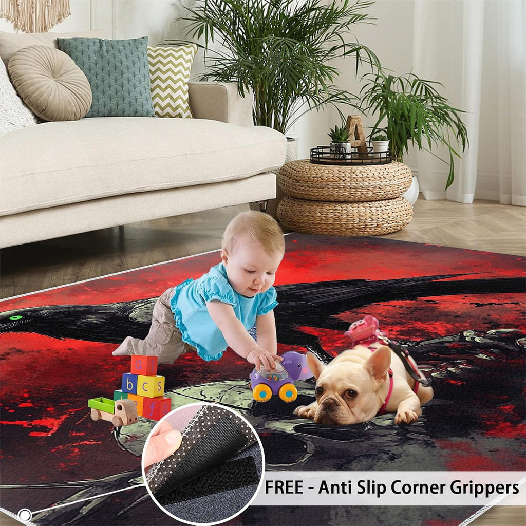 Crow Rug 6x8, Skeleton Rugs for Boys Room, Blood-Red Terror Area Rugs for Bedroom, Low Pile Non Slip Carpet for Computer Game Room Dormitory