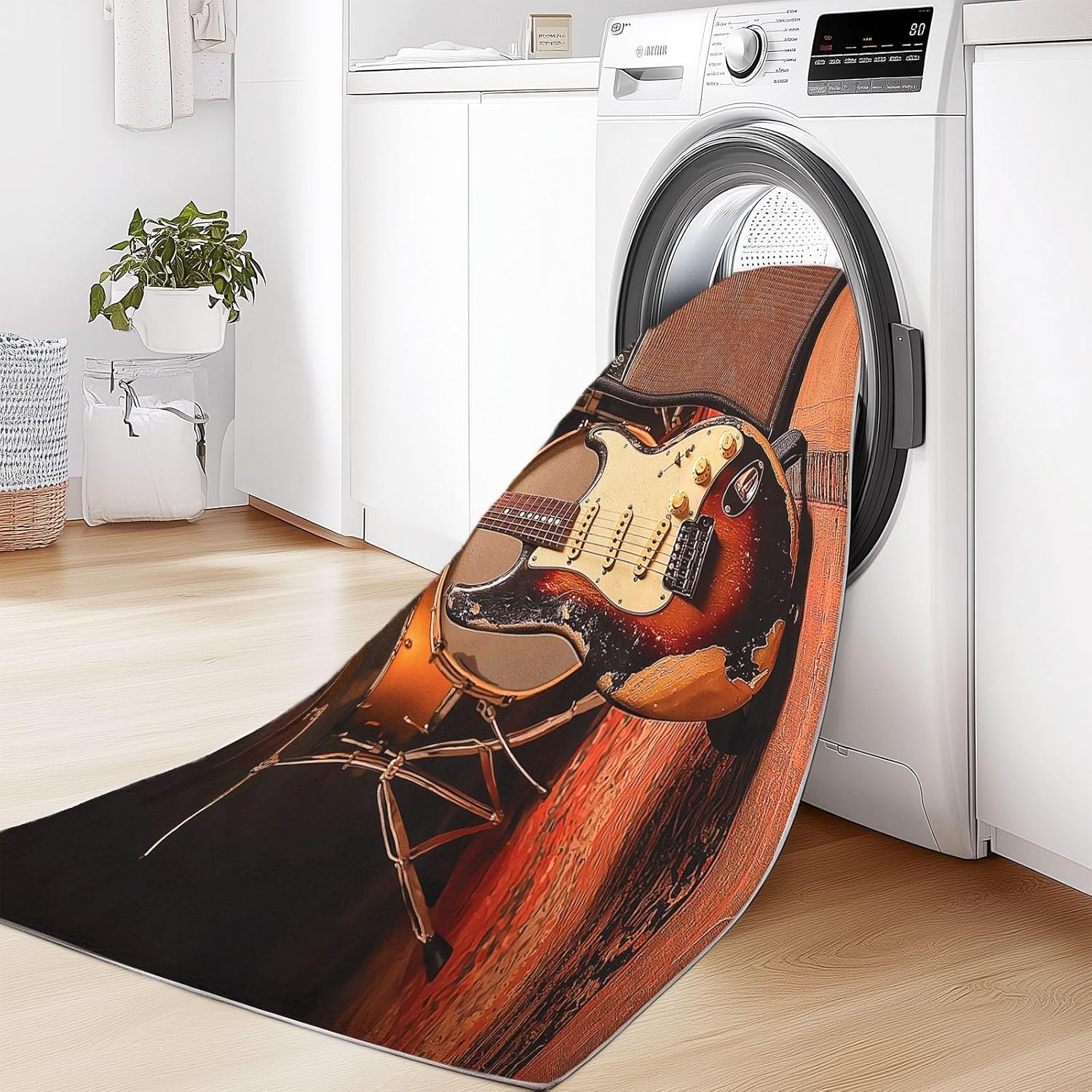Retro Style Drum Set Guitar Area Rug 5 x 8 ft Washable Large Runner, Black Soft Low Pile Non-Slip Carpet, for Living Room Home Carpet Non Skid Floor Mat