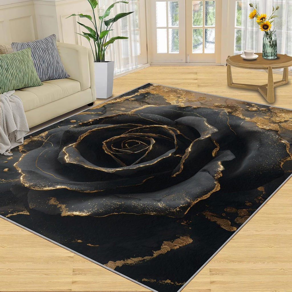 Florals Rugs for Bedroom, Flowers Rug 6x8, Luxury Roses Dining Room Rugs Washable & Non Slip Large Carpet for Home Decor