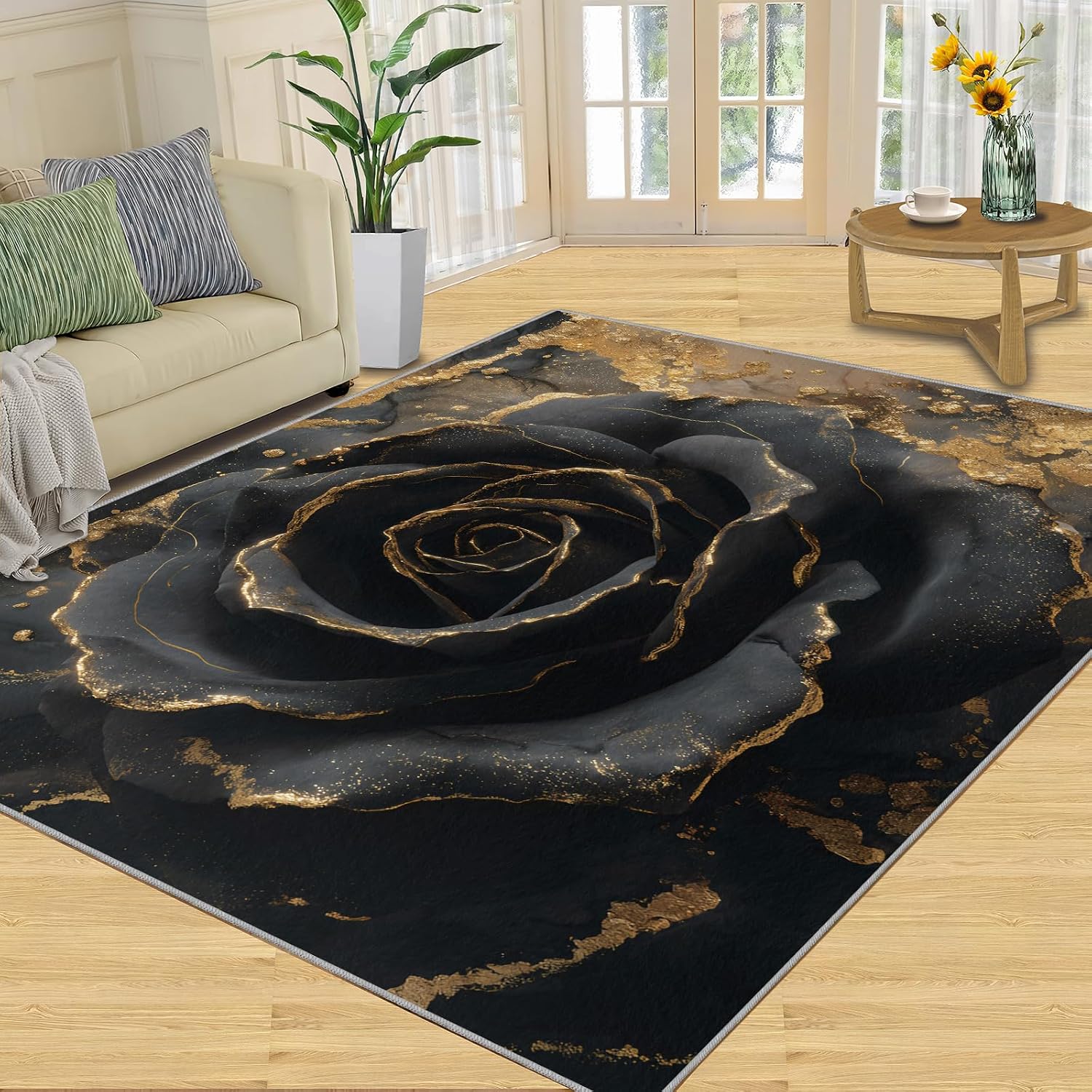 Florals Rugs for Bedroom, Flowers Rug 6x8, Luxury Roses Dining Room Rugs Washable & Non Slip Large Carpet for Home Decor