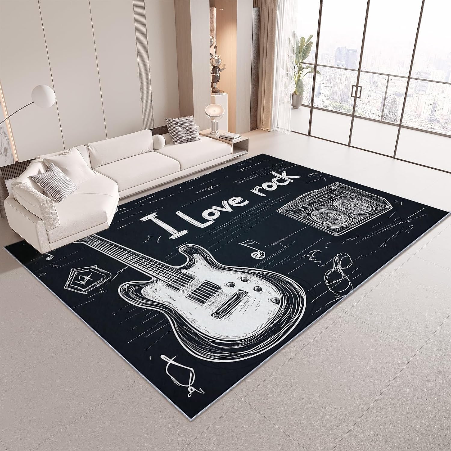 Area Rug Living Room Rugs 6x9 ft Hdrawn Musical Instrument Guitar Ultra Soft Washable Area Rug, Indoor Non-Slip Carpet for Nursery Kids Girls Boys Teen Dorm Home Office Decor