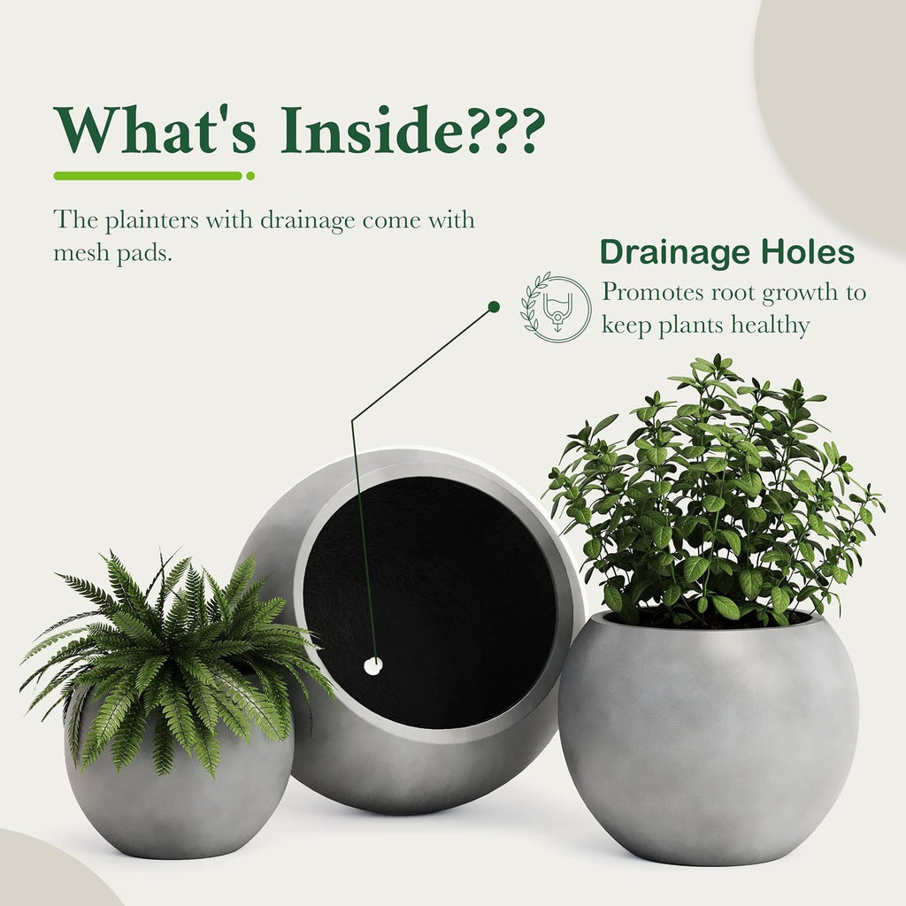 DTY Premium Mt Sherman Fiberstone Sphere Planter for Indoor Outdoor Use, Round Pot for Olive Tree, Lightweight, Smooth Finishes. 2 Extra Coco Mats. Gray, Large 21.1'' D x 16.7'' H. 14.6' Pot Opening