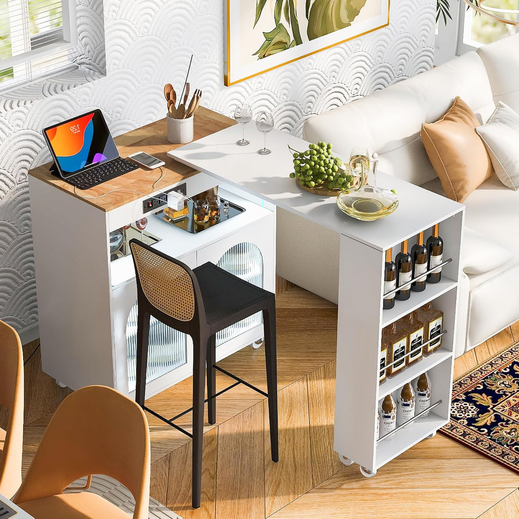 Merax Kitchen Island with Extended Table, Rolling Kitchen Islands Cart with LED Lights, Power Outlets, 2 Fluted Glass Doors, Storage Compartment, and Side 3 Open Shelves (White)