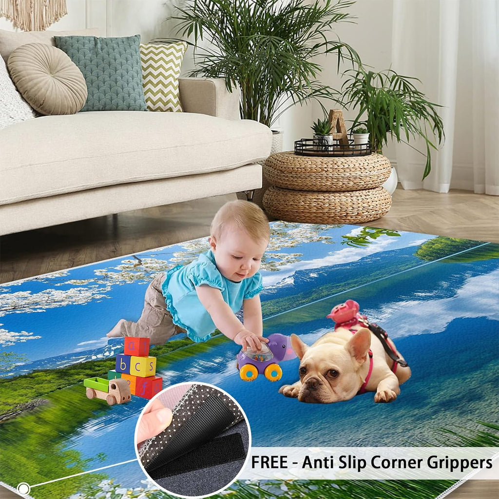 Natural Scenery Rug 6x8-6x8 Rug, Nature Landscape Area Rugs for Living Room Bedroom, Lake Mountains Area Rugs, Floral Washable Carpet, Aesthetic Carpet, Landscape Home Decor