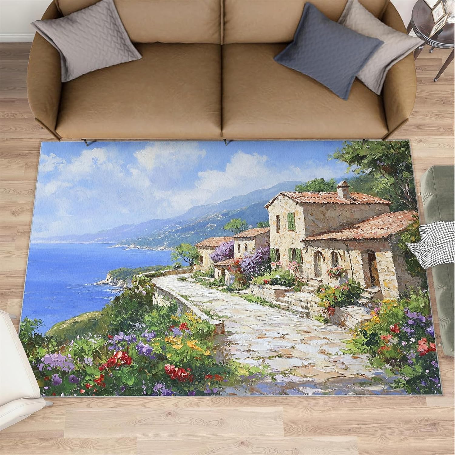 Tuscany Italy Rugs for Bedroom - 6x8 Rug, Italian Flowers Street Area Rugs for Living Room, Old Town Carpet, Seascape Washable Area Mat, Oil Painting Carpet, Italy Home Decor & Gifts