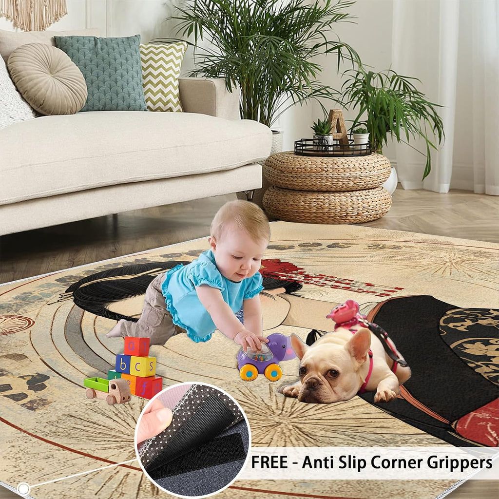 Japanese Area Rug Large - 6x8 Rug, Kimono Girl Rugs for Living Room, Asian Style Carpet, Anime Girl Washable Area Rugs for Bedroom, Retro Carpet, Japanese Home Decor