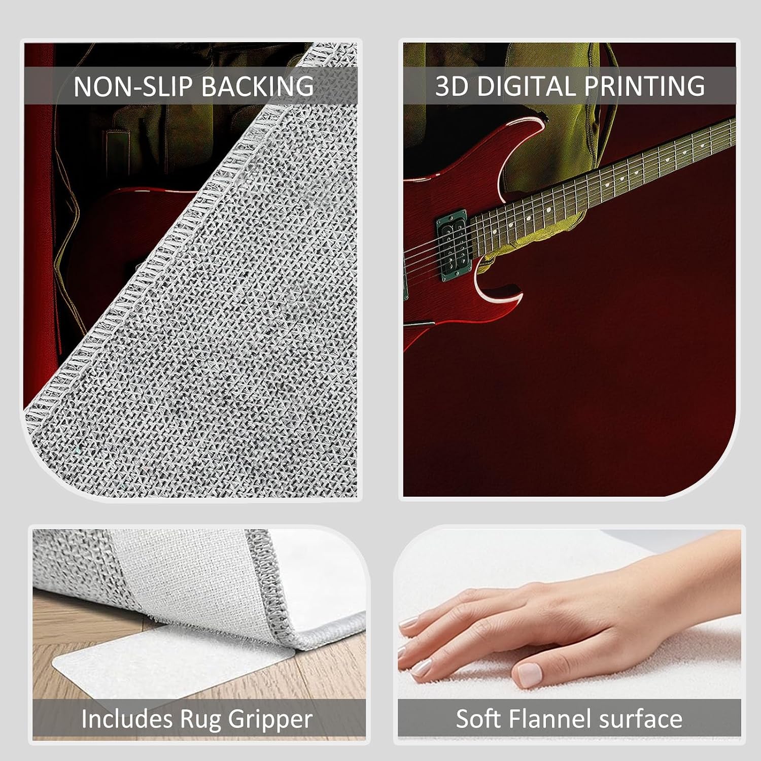 Bass Guitar Bag Rug Living Room 6 x 9 ft Machine Washable Area Rug, Hyperrealistic Low Pile Carpet for Dining Room Bedroom Indoor Red Non-Slip Design Home Decor Carpet