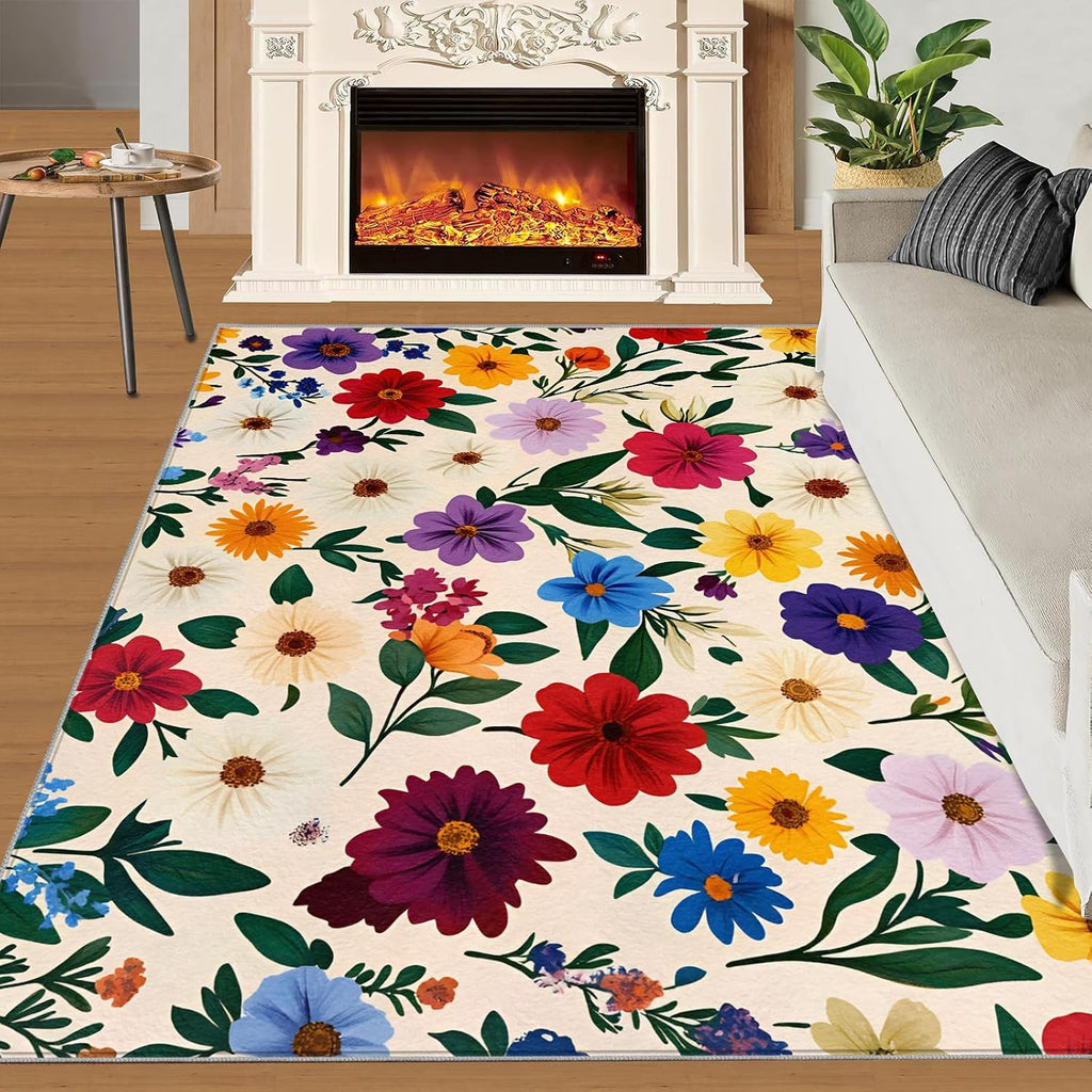 Floral Rugs for Living Room 6x8 Rug, Vintage Floral Area Rug, Boho Flowers Rugs, Large Machine Washable Rug, Non-Slip Floor Carpet for Bedroom Kids Room Home Decor