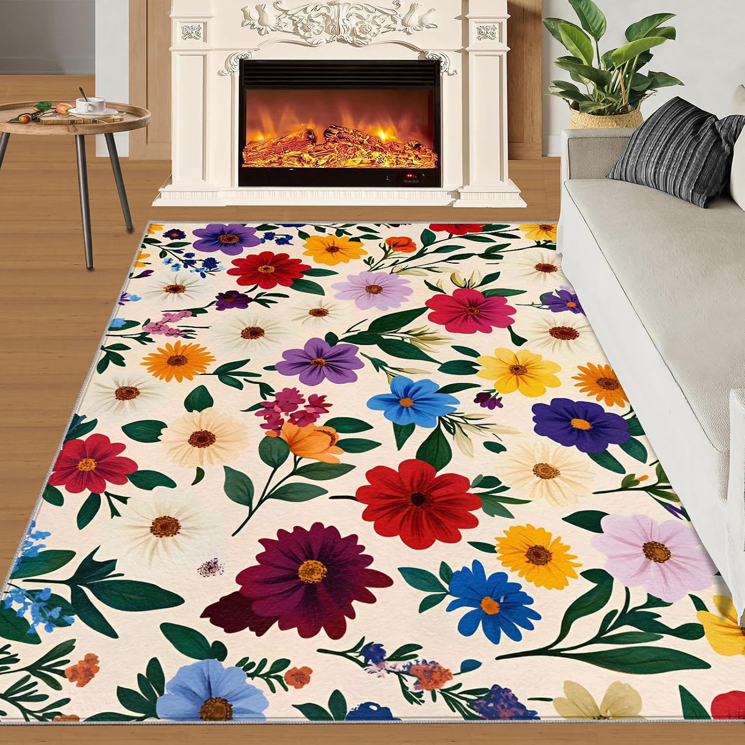 Floral Rugs for Living Room 6x8 Rug, Vintage Floral Area Rug, Boho Flowers Rugs, Large Machine Washable Rug, Non-Slip Floor Carpet for Bedroom Kids Room Home Decor