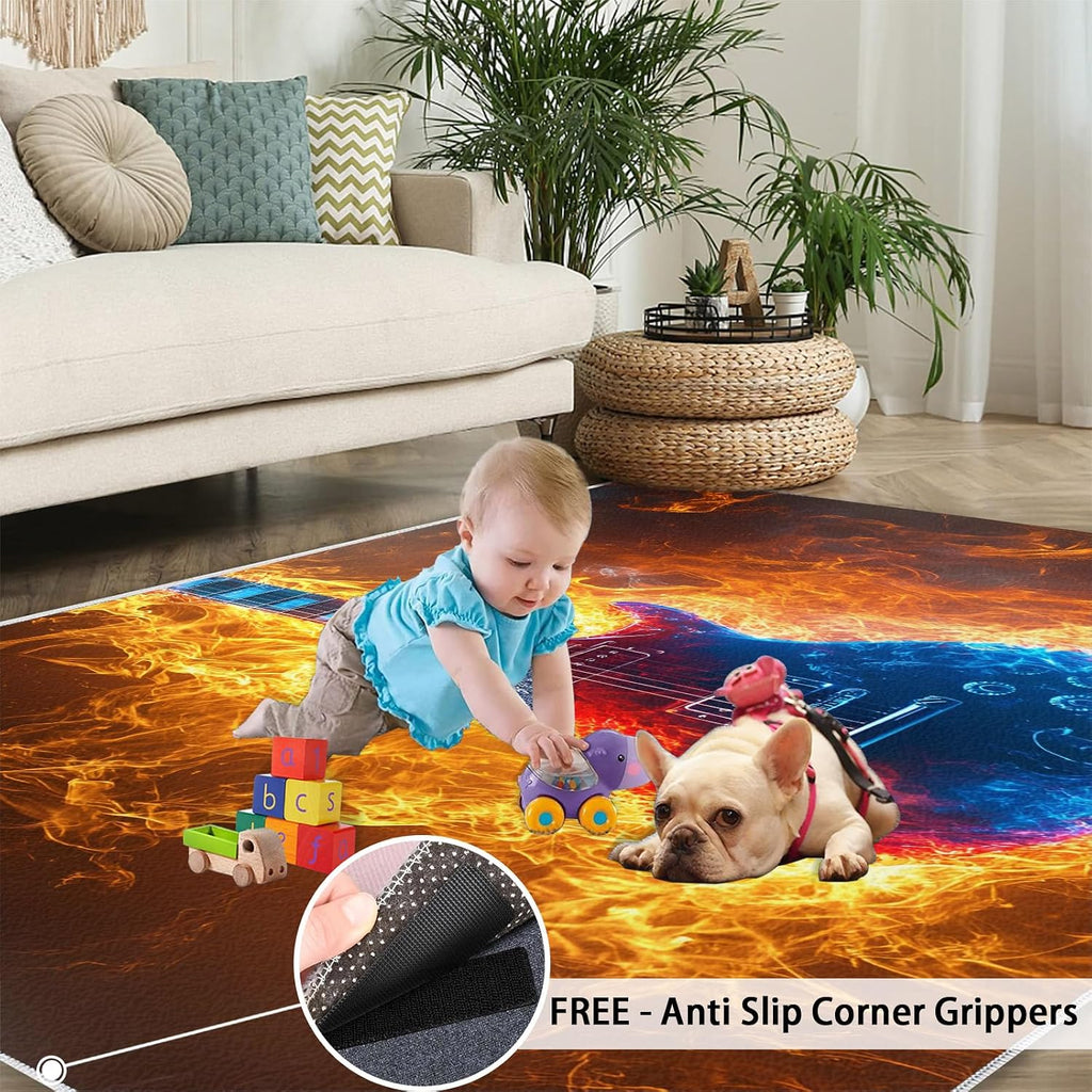 Flame Guitar Area Rug 5x6 - Electric Guitar Area Rugs for Kitchen, Abstract Art Bedroom Area Rug Kids Low Pile Rug for Indoor Outdoor Hardwood Floors Home Decor