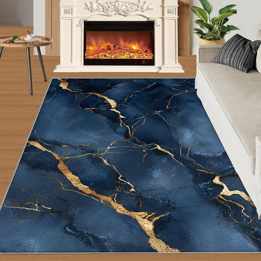 Blue Marble Area Rug 6x8, Marble Rugs for Living Room, Golden Cracks Bedroom Rug, Machine Washable Rugs for Sofa Kitchen Dining, Non-Slip Home Decor Carpet