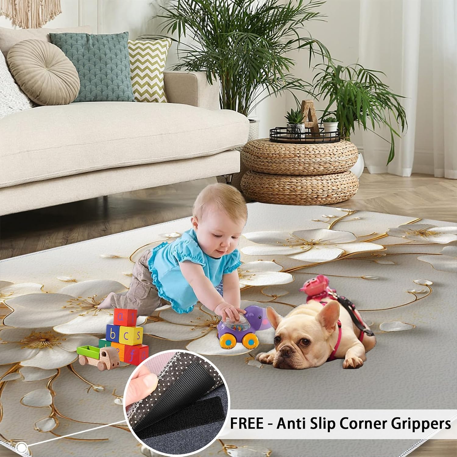 3D Flowers Rug - Large Rug 6x8 - Embossed Flowers Rugs for Living Room - Soft & Non Slip & Washable Rugs for Bedroom, Golden Branches Carpets for Dining Room Lounge Girls Room