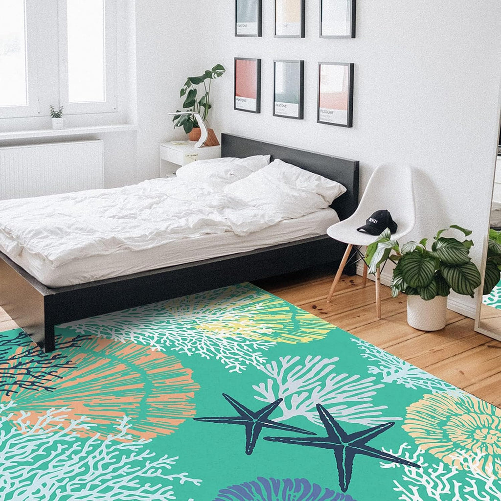 Green Starfish Shell Coral Ocean Area Rug, Coastal Theme Indoor Non Slip Bedroom Rug, Machine Washable Breathable Durable Carpet for Living Room Study Dining Room Dormitory - 5 ft x 7 ft