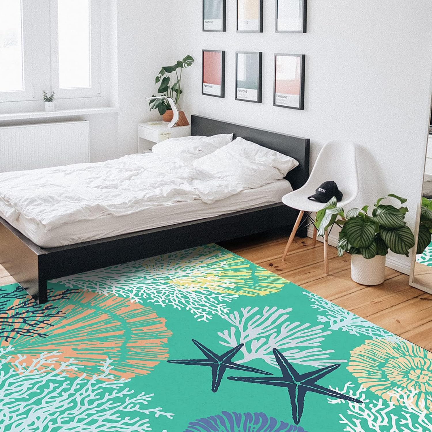 Green Starfish Shell Coral Ocean Area Rug, Coastal Theme Indoor Non Slip Bedroom Rug, Machine Washable Breathable Durable Carpet for Living Room Study Dining Room Dormitory - 5 ft x 7 ft
