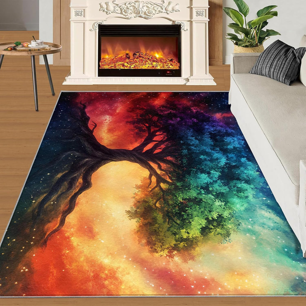 Fantasy Tree Rugs for Bedroom, Tree of Life Rug 6x8, Fantasy Starry Sky Dining Room Rugs Washable & Non Slip Large Carpet for Home Decor