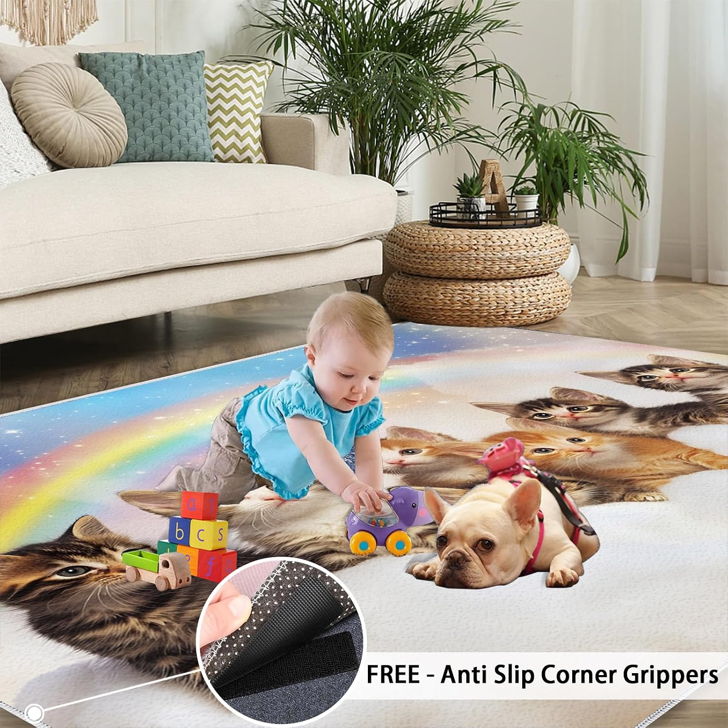Cat Rugs for Bedroom - 6x8 Rug, Rainbow Area Rugs for Living Room, Fantasy Cloud Carpet, Animal Washable Mat, Cat Home Decor & Gifts