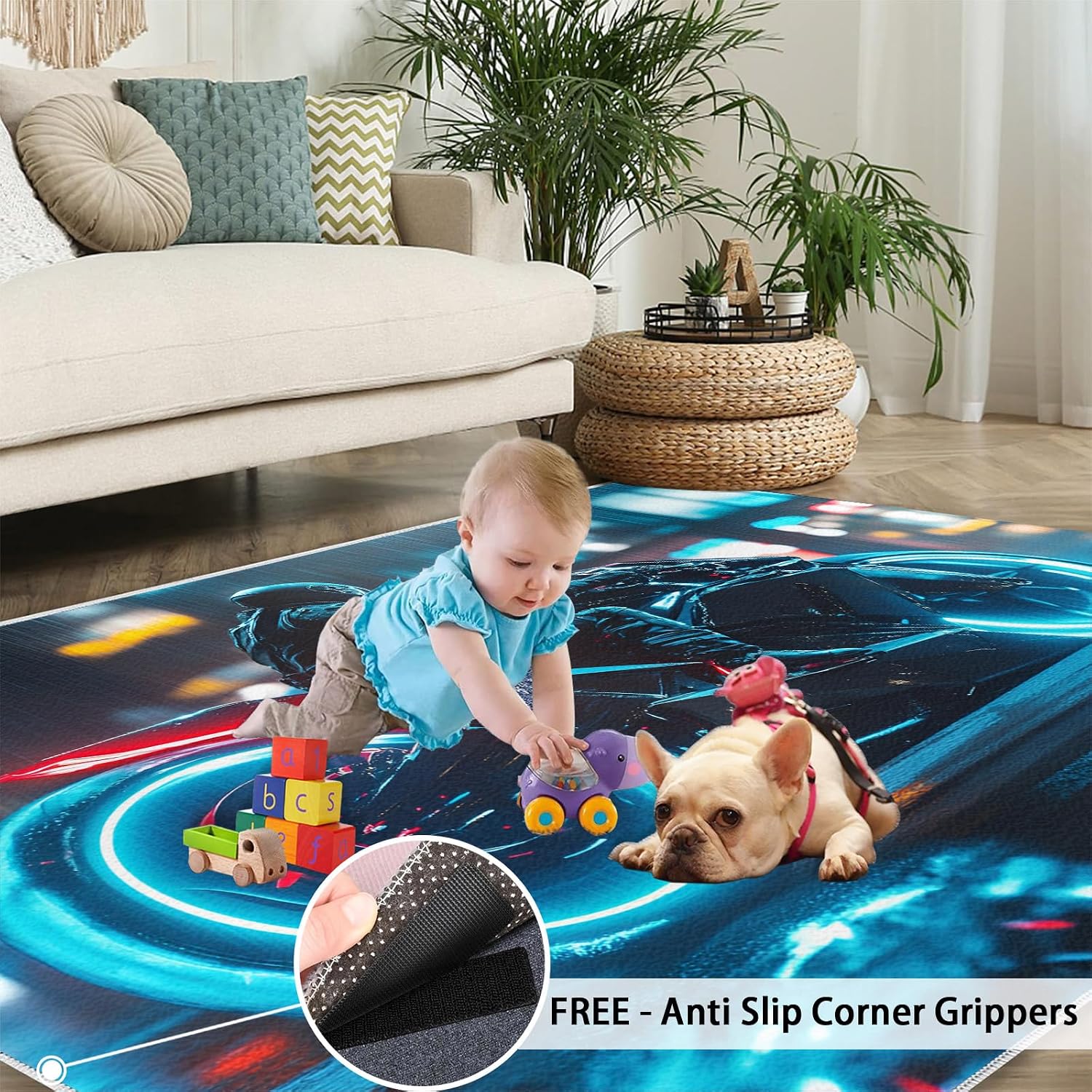 6x8 Futuristic Motorcycle Area Rug - Large Rugs for Living Room, Technological City Carpet Area Rug for Girls Bedroom Kids Room Basement Office Classroom