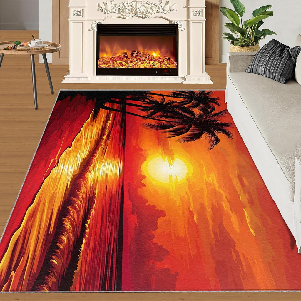 Beach Area Rug 5x7, Ocean Theme Rugs for Bedroom, Sunset Scenery Rugs for Boys Room, Low Pile Non Slip Carpet for Computer Game Room Dormitory