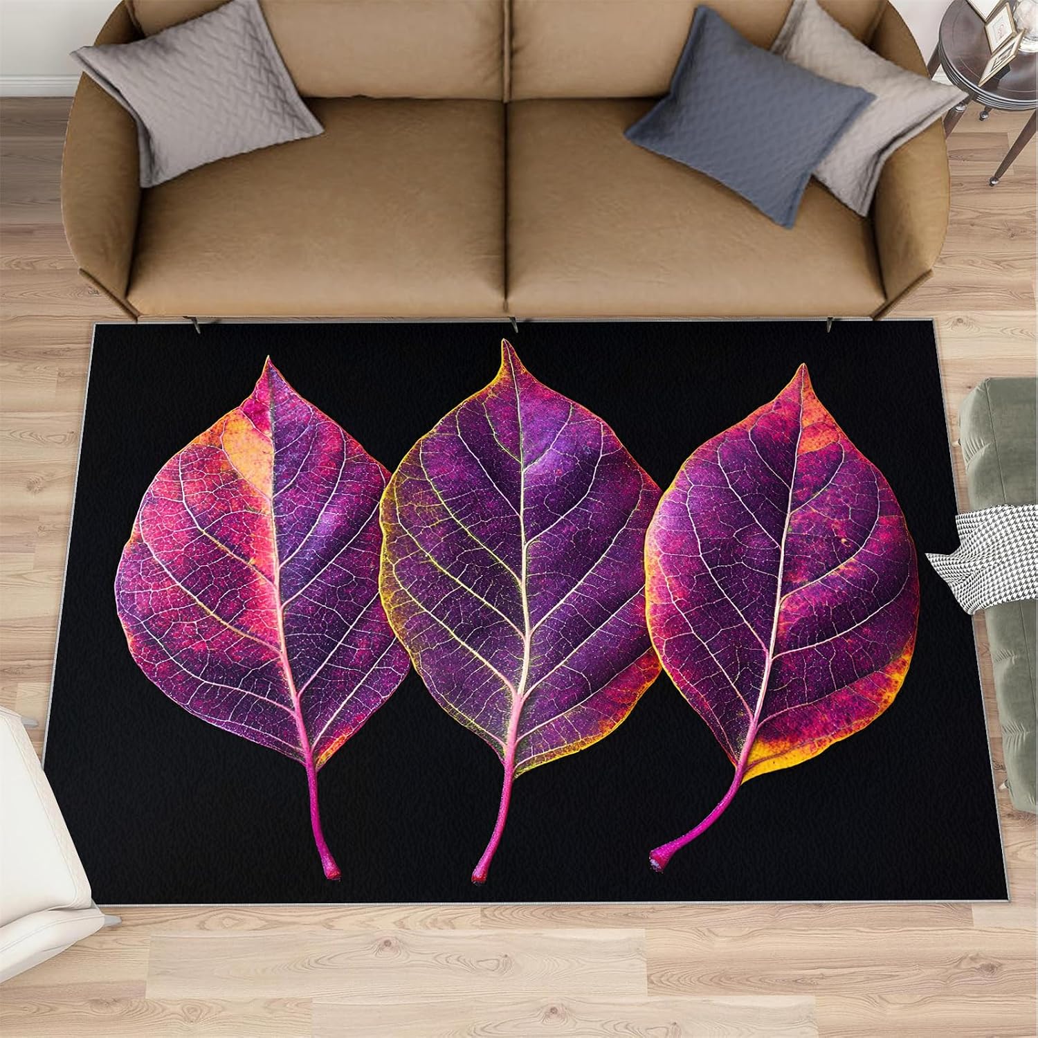 Purple Leaves Rugs for Bedroom - 6x8 Rug, Leaf Area Rugs for Living Room, Botanical Carpet, Plant Washable Mat, Leaf Home Decor & Gifts