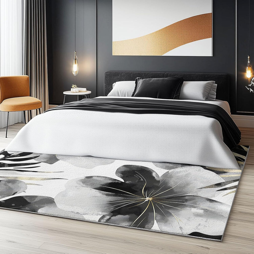 Washable Non-Slip Area Rug Resistant, Artistic Watercolor Flowers Theme for of Living Room Bedroom Kids Room, Nursery, Office, Kitchen, Black 6 x 8 ft Carpet Pet & Child Friendly