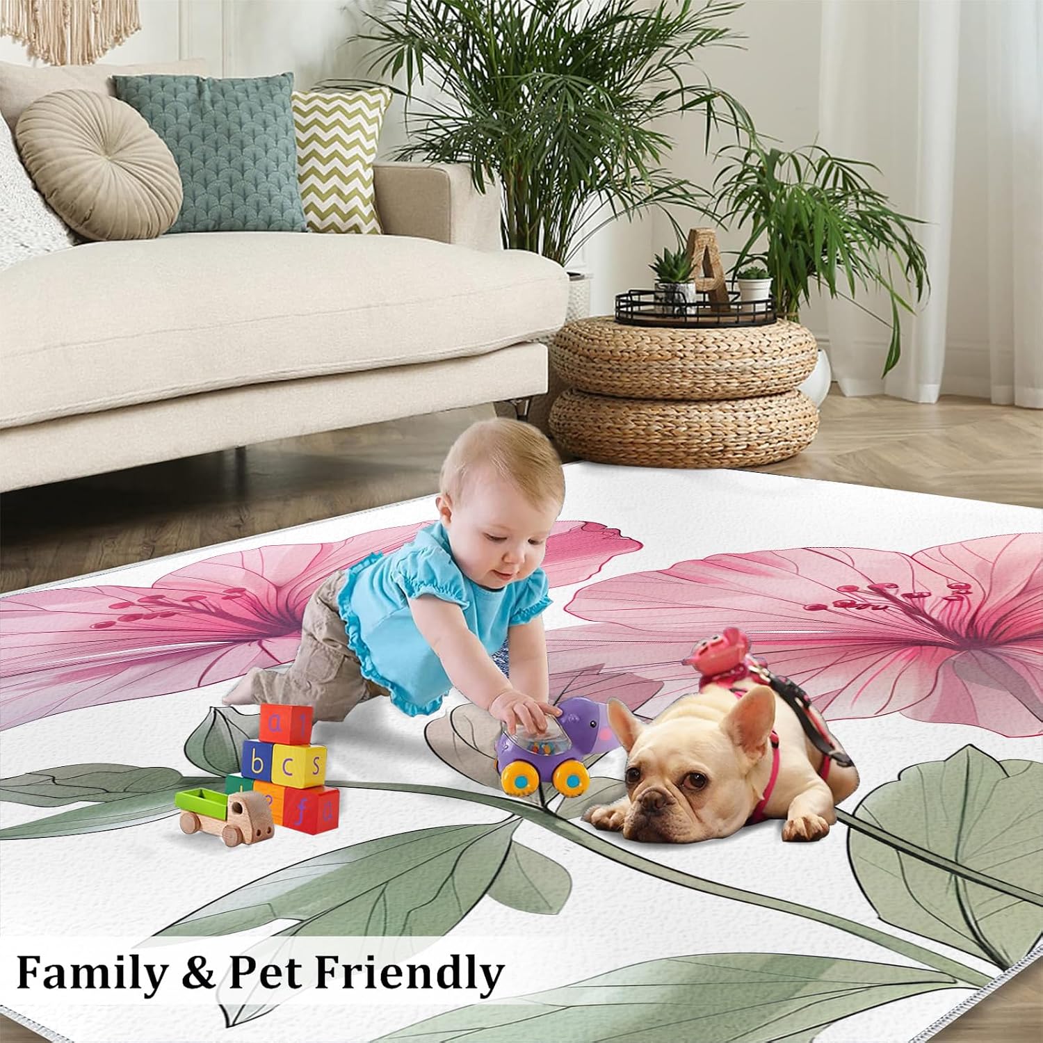 Area Rug 6x8ft, Simple Painting Flowers Rugs for Living Room, Exquisite Art Home Bedroom Rugs, Ultra Soft Non-Slip Short Pile Carpet for Kids Room Under Kitchen Table Office Bedside