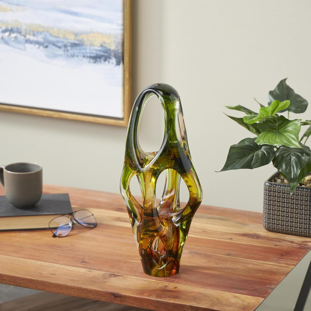 Deco 79 Glass Abstract Decorative Sculpture Ombre Cutout Home Decor Statue with Amber Accents, Accent Figurine 6' x 5' x 16', Green