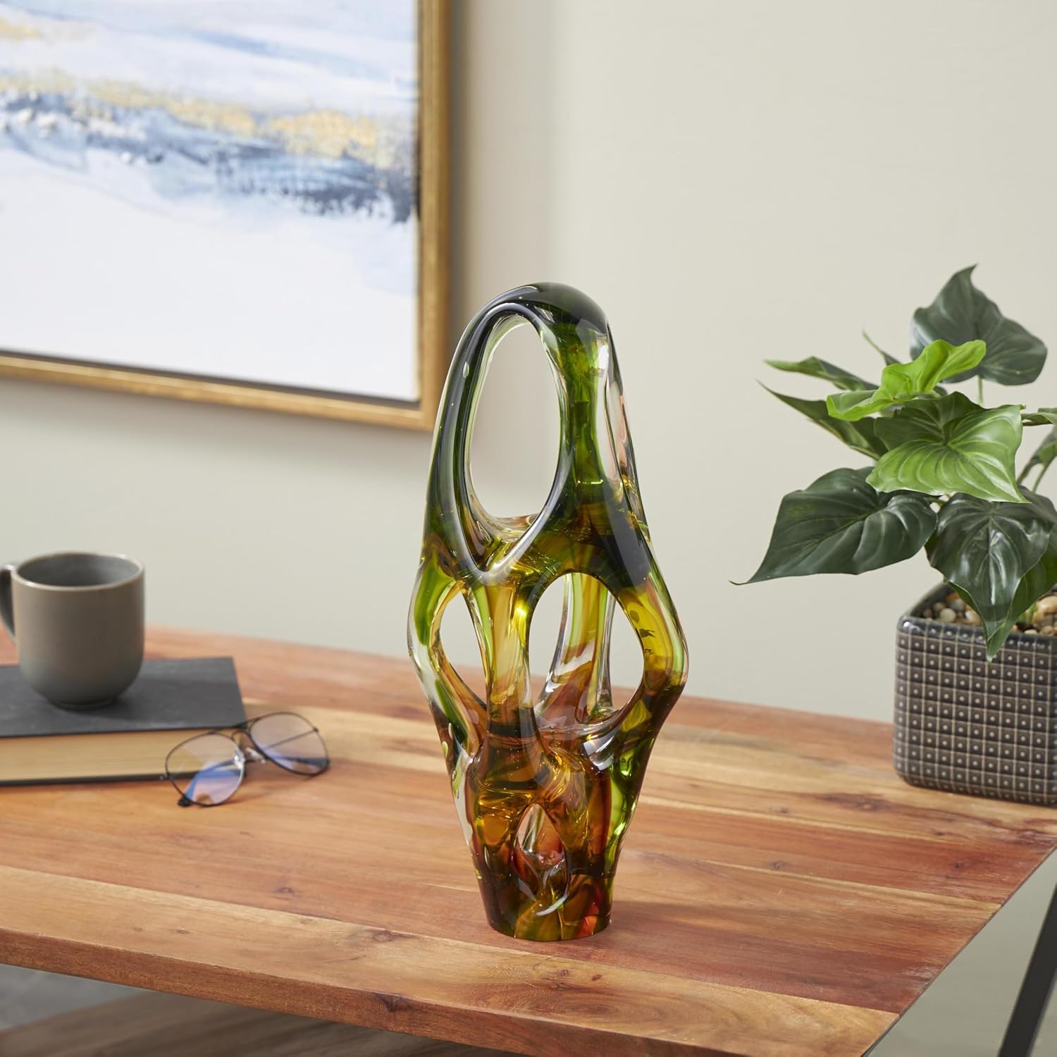 Deco 79 Glass Abstract Decorative Sculpture Ombre Cutout Home Decor Statue with Amber Accents, Accent Figurine 6' x 5' x 16', Green