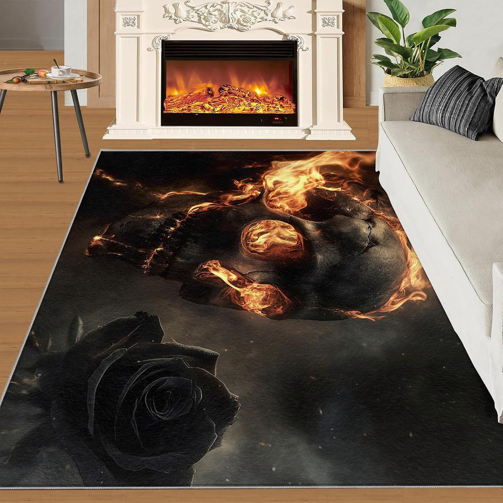 Flaming Skull Rug 6x8 - Horror Skull Large Rugs for Living Room, Demon Skeleton Carpet Area Rug for Girls Bedroom Kids Room Basement Office Classroom
