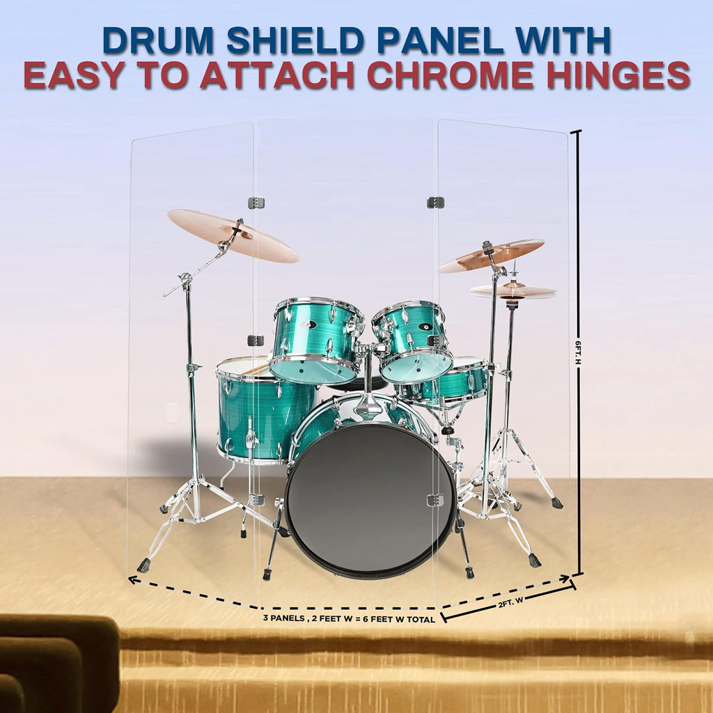 PENNZONI Drum Shield 6ft w/Chrome Hinges, Comes w/ 3 Drum Panels, & Chrome Hinges, Premium Clear Acrylic Panels, Drum Screen