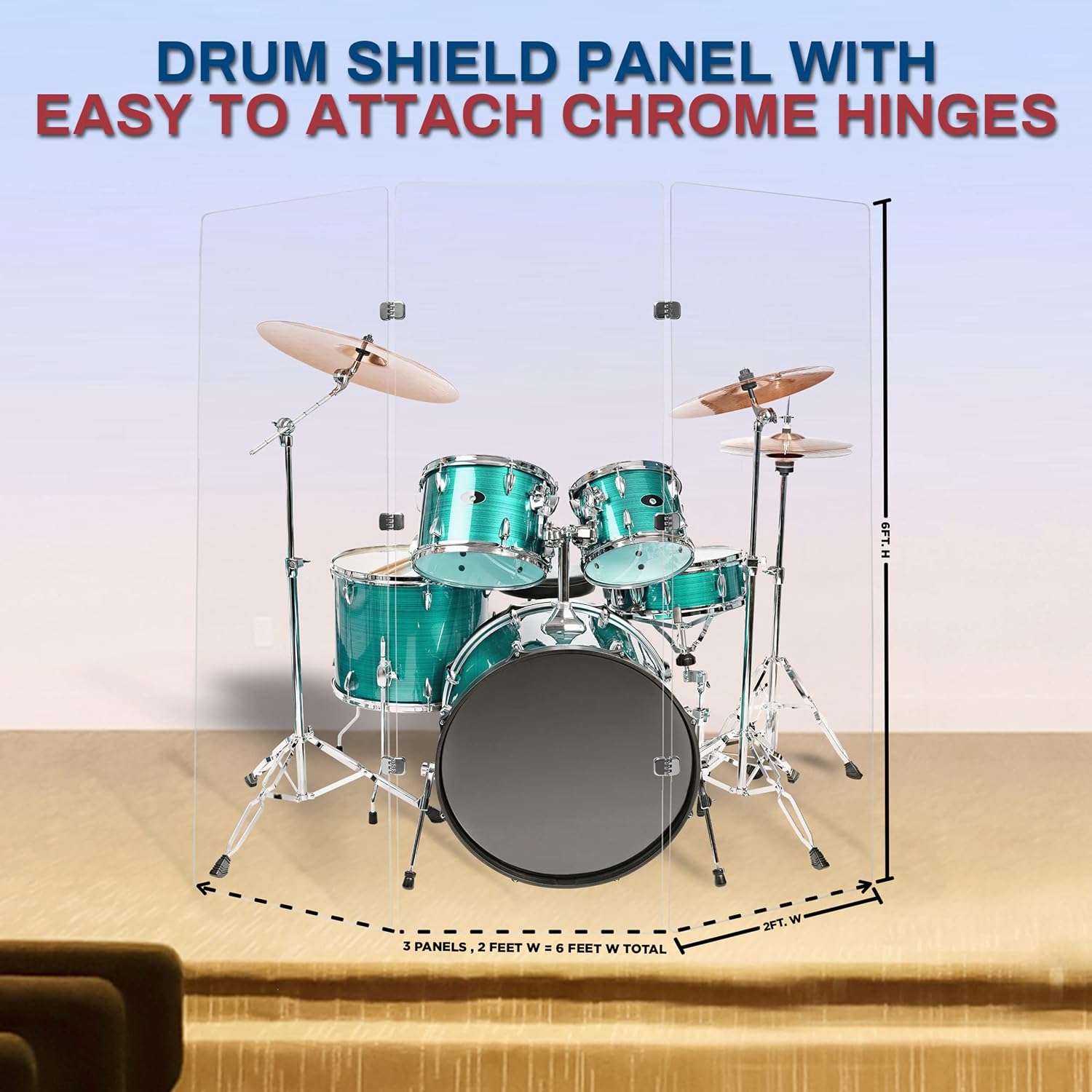 PENNZONI Drum Shield 6ft w/Chrome Hinges, Comes w/ 3 Drum Panels, & Chrome Hinges, Premium Clear Acrylic Panels, Drum Screen