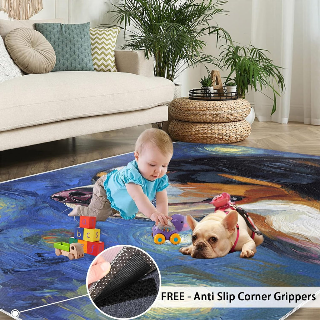 Dog Area Rug 6x8, Starry Sky Dog Rugs for Bedroom, Oil Painting Animals Rugs for Boys Room, Low Pile Non Slip Carpet for Computer Game Room Dormitory