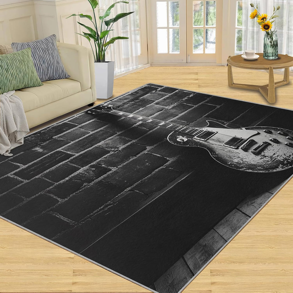 Guitar Rug, Music Rugs for Bedroom 5x7 Rug, Vintage Guitar Area Rug, Rugs for Living Room, Non Slip Washable Carpet for Kids Room Home Decor
