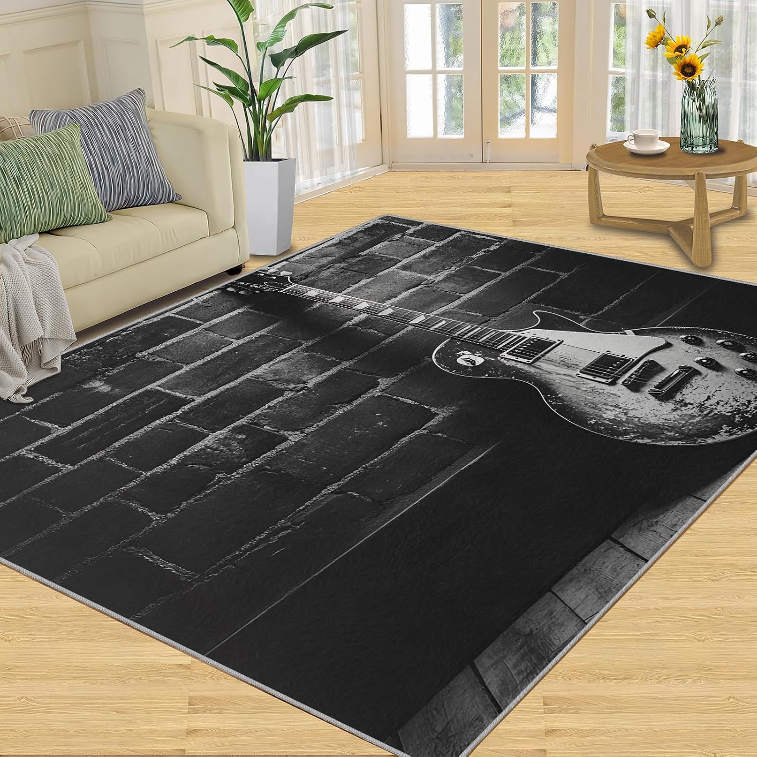 Guitar Rug, Music Rugs for Bedroom 6x9 Rug, Vintage Guitar Area Rug, Rugs for Living Room, Non Slip Washable Carpet for Kids Room Home Decor