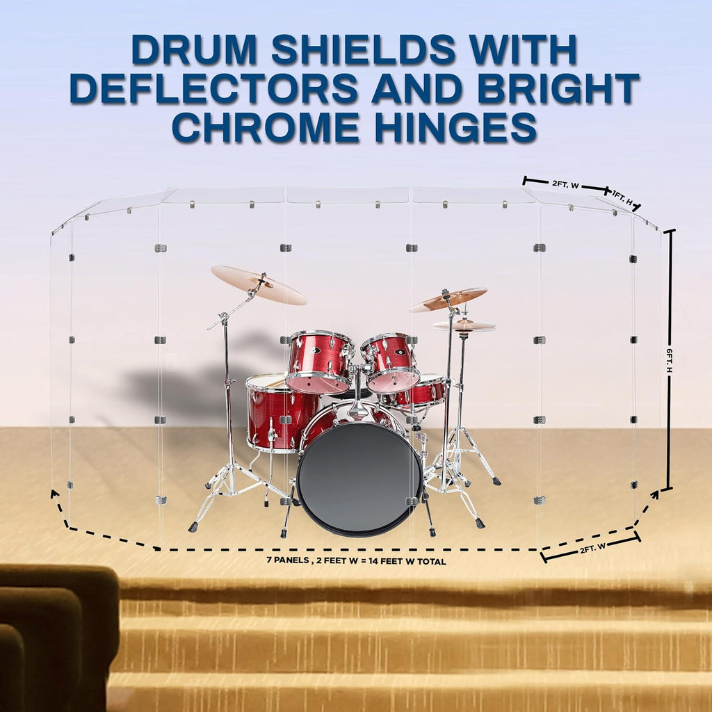 PENNZONI Drum Shield 6ft w/Deflectors & Chrome Hinges, Comes w/ 7 Drum Panels, 7 Deflectors, Chrome Hinges & Deflector Connectors, Premium Clear Acrylic Panels
