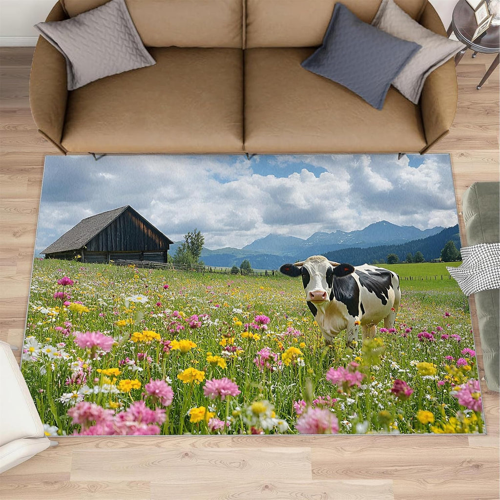 Dairy Cows Rugs for Bedroom - 6x8 Area Rug - Western Farms Rugs for Living Room, Floral Animals Rug, Washable Home Decor Carpet