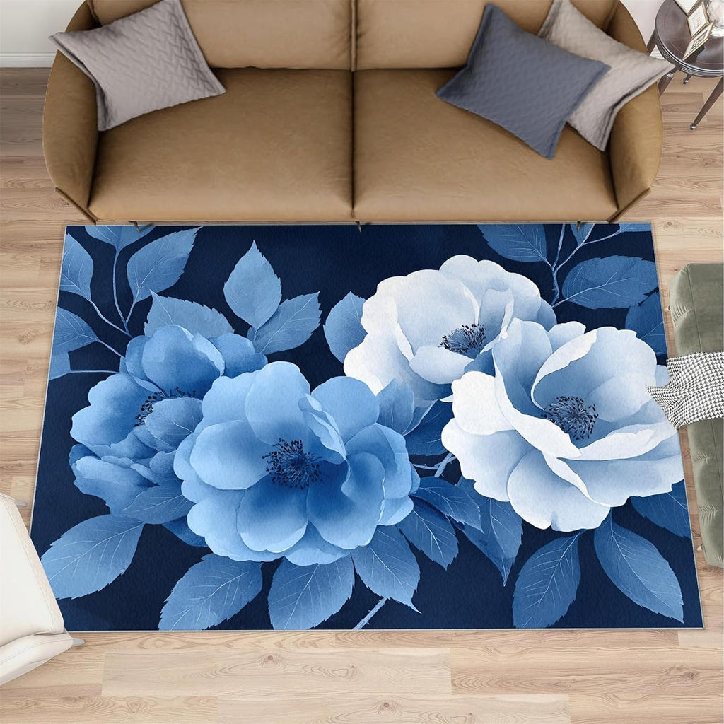 Florals Rugs for Bedroom, Simple Florals Rug 6x8, Blue Flowers Dining Room Rugs Washable & Non Slip Large Carpet for Home Decor