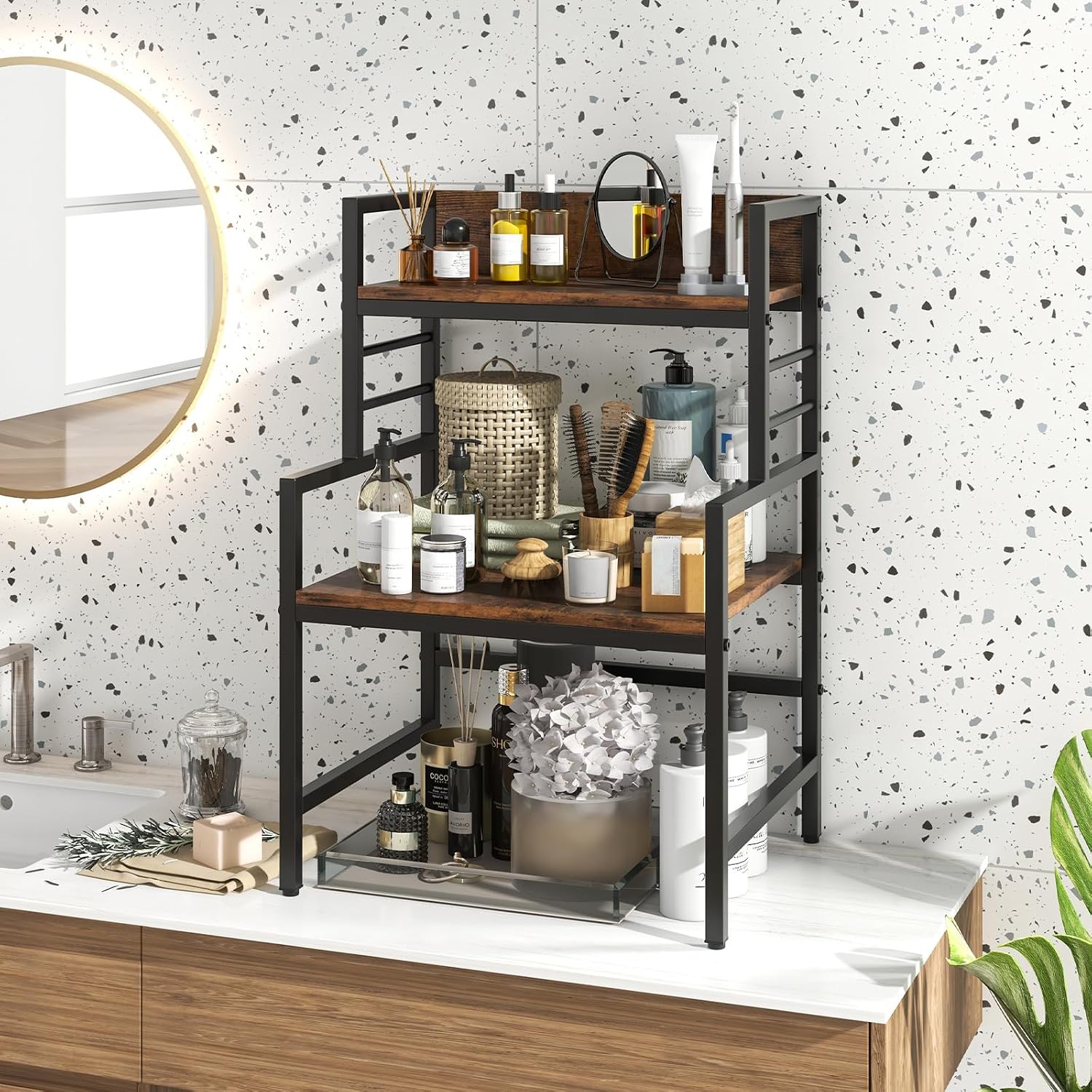 TANGZON 3-Tier Baker's Rack, Industrial Microwave Oven Stand with 2 Anti-tipping Kits & Adjustable Foot Pads, Metal Frame Utility Kitchen Storage Shelves Organiser for Dining Living Room