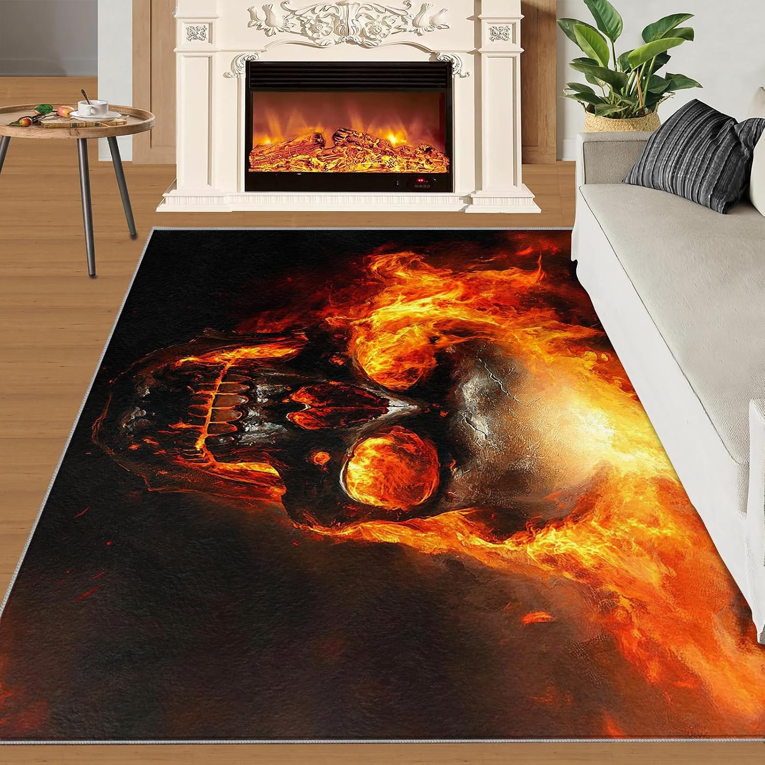 Skull Rugs for Bedroom - 6x8 Rug, Gothic Area Rugs for Living Room, Flame Carpet, Halloween Washable Area Mat, Skull Carpet, Halloween Home Decor & Gifts