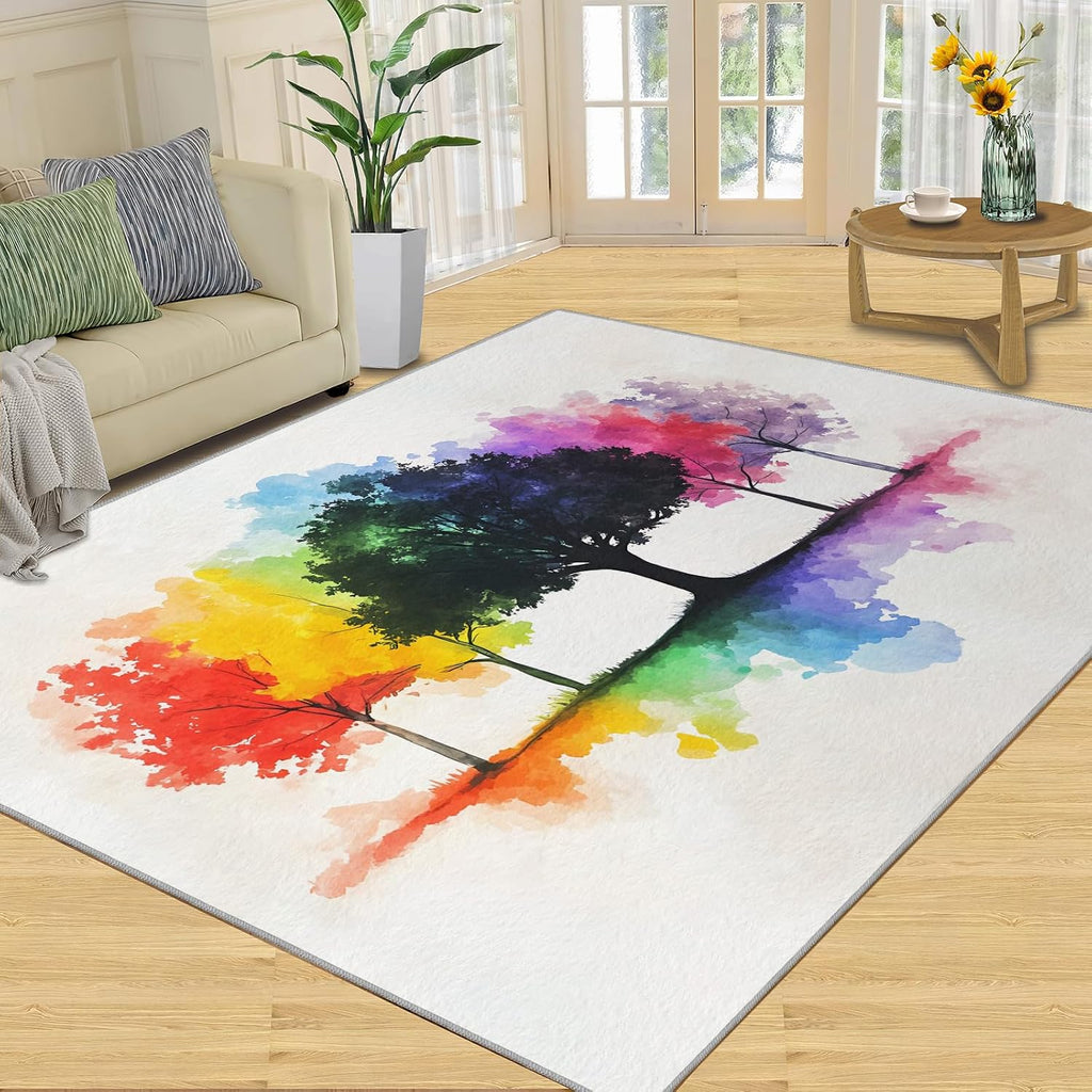Rainbow Tree Rugs for Bedroom - 6x8 Rug, Watercolor Area Rugs for Living Room, Tree of Life Carpet, Aesthetic Washable Area Mat, Modern Carpet, Trees Home Decor & Gifts