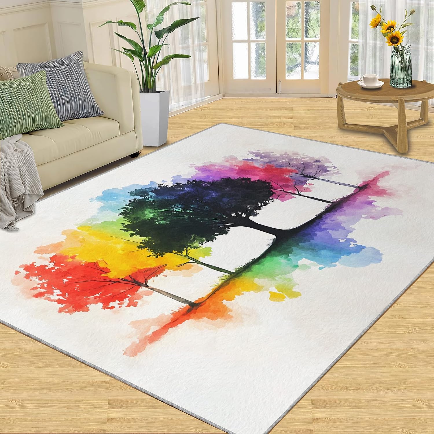 Rainbow Tree Rugs for Bedroom - 6x8 Rug, Watercolor Area Rugs for Living Room, Tree of Life Carpet, Aesthetic Washable Area Mat, Modern Carpet, Trees Home Decor & Gifts