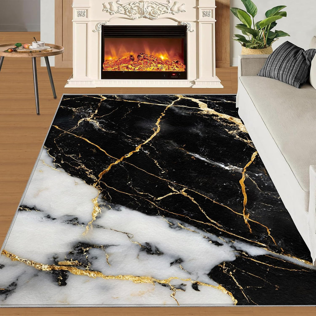 Marble Area Rug 6x8 - Black Gold Marble Large Rugs for Living Room, Luxury Abstract Carpet Area Rug for Girls Bedroom Kids Room Basement Office Classroom